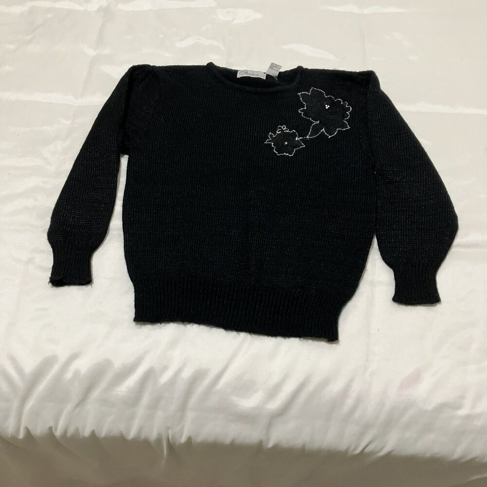 Vintage 80s 90s Black Sweater Embroidered Beaded Floral Sz L Whimsygoth Korea